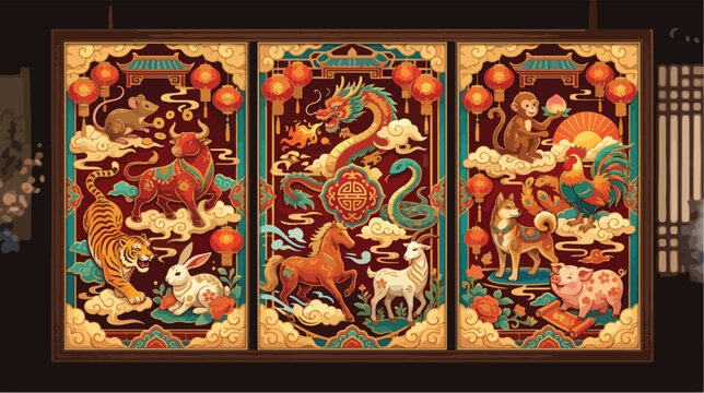 Elaborate three panel art print showcasing the twelve traditional chinese zodiac animals depicted in a vibrant and ornate paper cutout style with rich red and gold