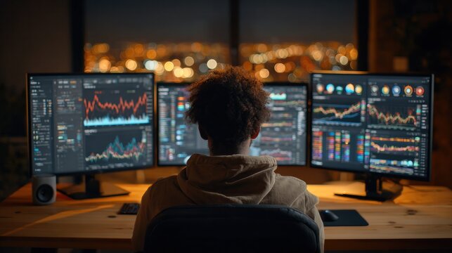 trader analyzing financial data on multiple screens