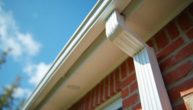 White seamless gutter system installed on brick house roof edge. Water runoff channeled down pipe. Home exterior improvement and maintenance in sunny weather.