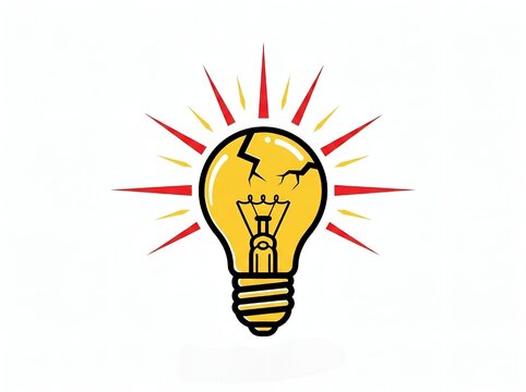Bold Flat Vector Cracked Yellow Light Bulb with Red and Yellow Radiant Rays on White Background &ndash; Explosive Bright Idea and Breakthrough Concept Illustration