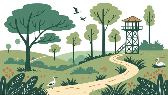 Nature landscape with watchtower winding path wildlife landscape watchtower