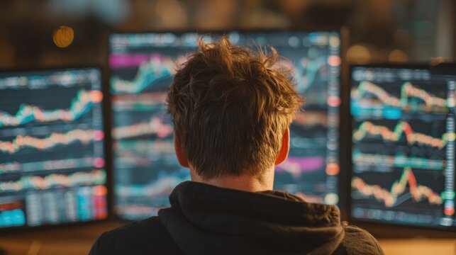 trader analyzing financial data on multiple screens
