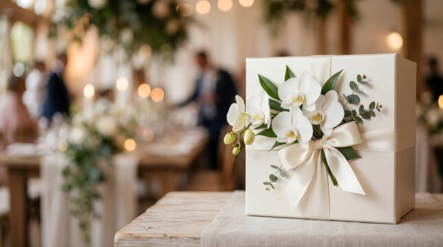 Elegant white gift box decorated with orchids on a wooden table at wedding