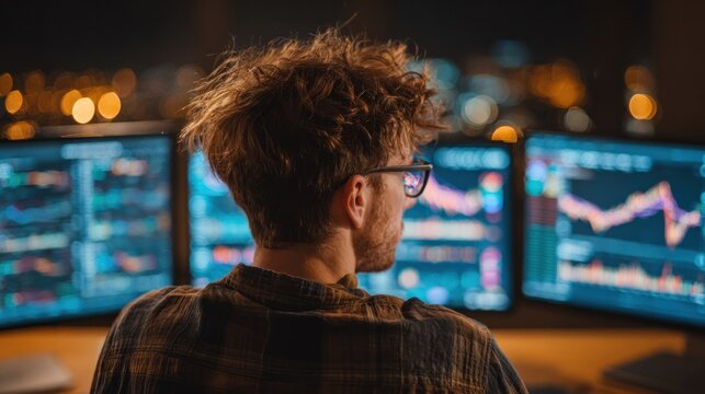analyst working with financial data in a dark office