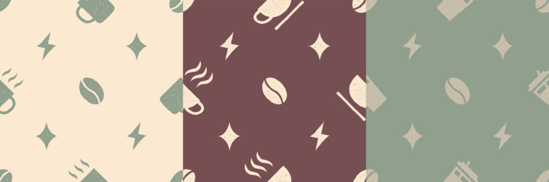 Retro coffee seamless pattern illustration. Cream sage groovy doodle cafe vector for textile, packaging and print design.