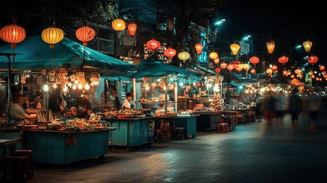vibrant night market scene with colorful lanterns