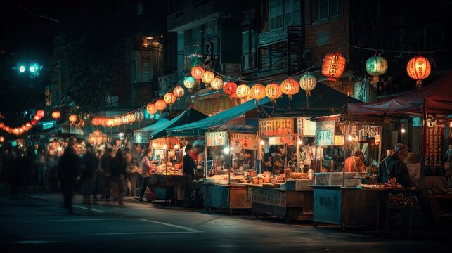 vibrant night market scene with colorful lanterns