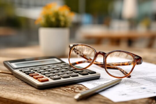 eyeglasses calculator and documents on desk