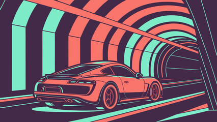Sports car speeding through modern light tunnel illustration with automobile © kona