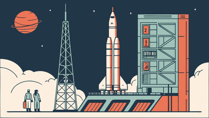 Astronauts at rocket launch pad facility with astronaut facility technology © kona