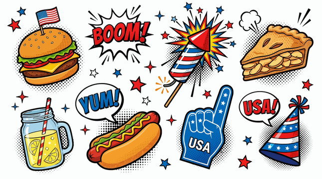 Bold Pop Art Fourth of July Vector Illustration Collection with Retro Patriotic Party Elements