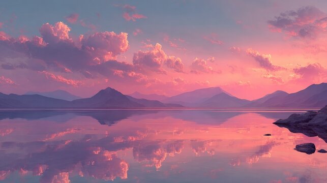 serene sunset over tranquil lake with mountain reflections