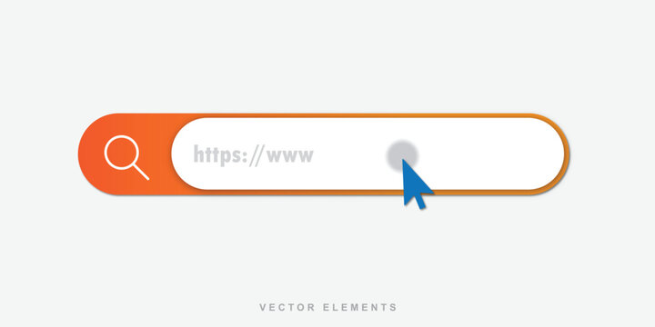 A modern and sleek search bar interface, featuring a magnifying glass icon, URL input field with https://www., and a cursor hovering over a clickable button.