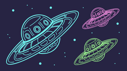 Retro style flying saucer ufo fleet in deep space graphic with illustration © God