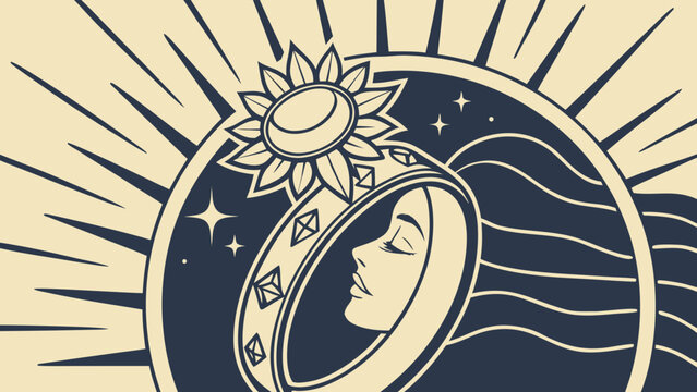 Celestial goddess profile sun graphic art with celestial mystical illustration
