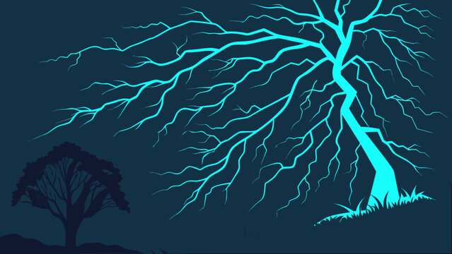 Neon blue lightning tree graphic illustration with lightning, electrical