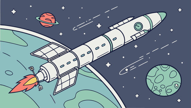 Cartoon space rocket flying over earth planet orbit with the scene captures