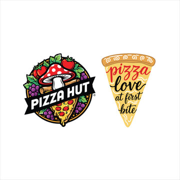 Pizza heart and slice with love at first bite text