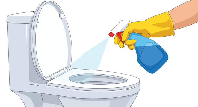 A gloved hand spraying cleaning solution onto an open toilet bowl against a plain white background with a focus on cleaning and hygiene.
