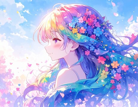 ファンタジーな雰囲気で横を見ているレインボーの髪の少女