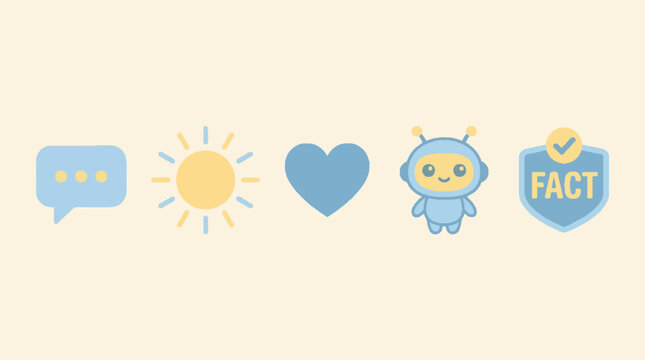 Cute AI chatbot icons set including speech bubble sun heart robot and fact check shield.