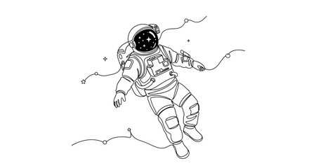 Fototapeta premium Astronaut floating in space with stars reflected in helmet, line art illustration