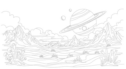 Alien Landscape Outline with Ringed Planet and Mountains © Jajang