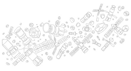 Space Station and Satellites in Orbit: Hand-Drawn Outline Illustration © Jajang