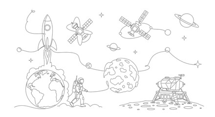 Space Exploration Collection: Rocket, Astronaut, Planets, Moon Lander, Satellites, Stars © Jajang