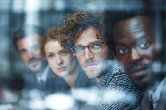 focused business team looking through window