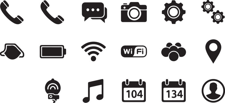 Collection of various black icons on white background for graphic design