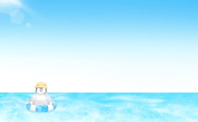浮き輪ではしゃぐ可愛い赤ちゃんペンギンの海水浴。夏の水遊びをイメージした爽やかな水彩フレーム素材。 © Aomi.art