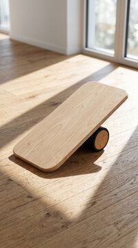 Wooden balance board on roller for home fitness and core training.