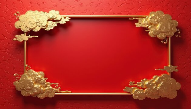 Golden ornate frame with red background and clouds. Traditional border for Chinese New Year greetings, festive event invitations, or cultural celebrations. Elegant asian design element.