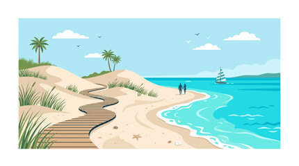 Obraz premium Scenic beach landscape with boardwalk and ocean view