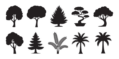 Black silhouettes of various trees, bonsai, palm, and fern plants, artistic botanical collection. © Labib