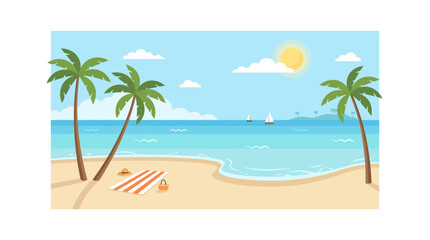 Obraz premium Tropical beach with palm trees and clear blue ocean under sunny sky