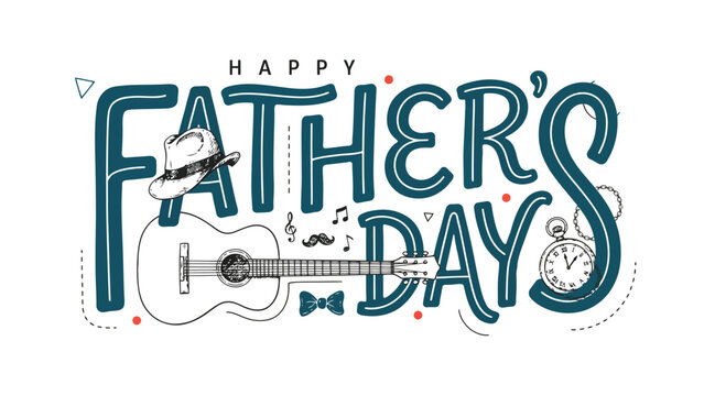 Happy fathers day greeting card with guitar hat clock and bowtie sketch design for celebration poster and print flyer vector.