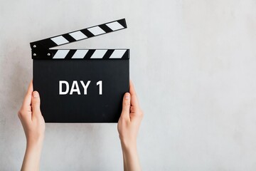 Obraz premium Clapperboard for first day of movie production, film shooting begins on cinema video set