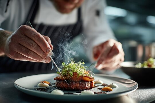 chef garnishing gourmet steak with fresh herbs