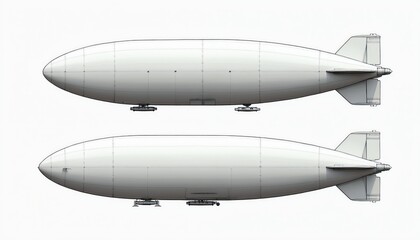 Naklejka premium Two white airships shown from side view against white background. Each lighter than air aircraft has gondolas underneath and tail fins. One dirigible appears slightly larger than the other.