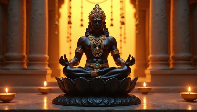 Black idol of Hindu deity Ayyappa sits in lotus pose on lotus flower. Golden ornaments adorn deity. Candles light up ancient temple interior. Peaceful devotional ambiance.