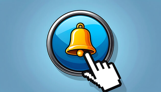 Pixelated golden bell icon on a blue button being pressed by a cursor hand, notification alert symbol, digital alert concept