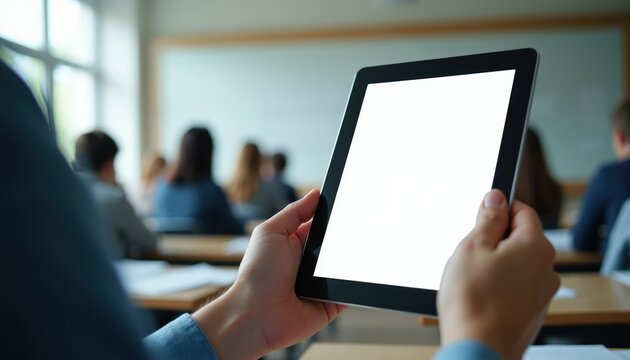 Student uses digital tablet in classroom lecture hall. Blurred people sit at desks listening teacher. Online education technology, e learning study, modern school lesson.
