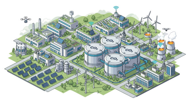 Isometric Illustration of a Sustainable Carbon Capture Industrial Complex.