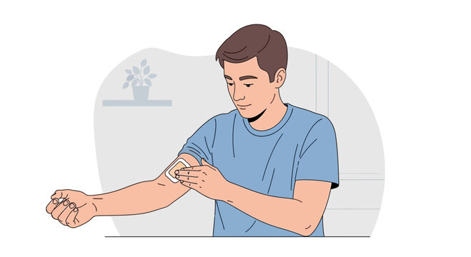 Man applying bandage to arm, self-care, health, wound dressing