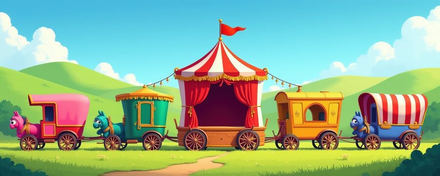 Caravan circus train with colorful wagons and a tent travels across green hills under blue sky. Animals pull carts. Entertainment show arrives.