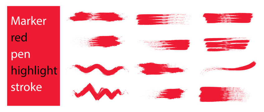 Red Grunge Paint Brush Stroke and Stripe Set, Artistic Ink Texture Elements, Rough Frames and Borders for Text, Dirty Hand Painted Design Background Collection, Stock Illustrator