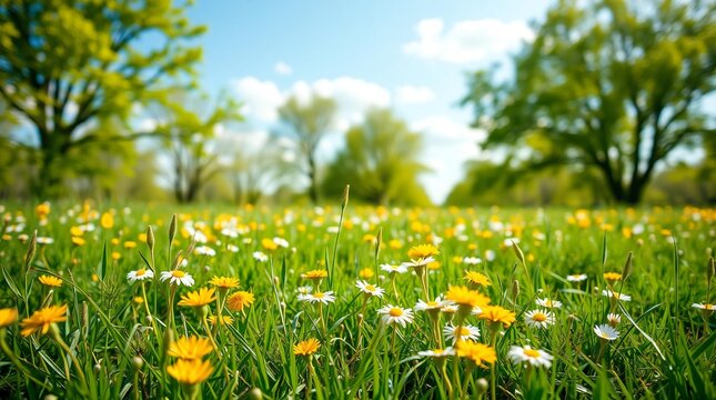 Vibrant wildflower meadow in full bloom under a clear blue sky