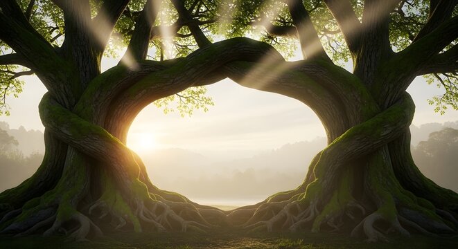 Magical forest landscape with two large trees intertwined forming a natural archway under golden morning light.
